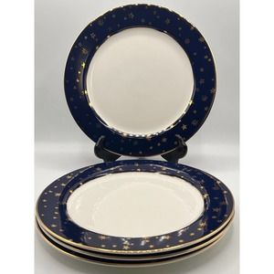 Sakura Galaxy Fine Porcelain Blue Dinner Plates w/ 14k Gold Stars, Set Of 4, EUC